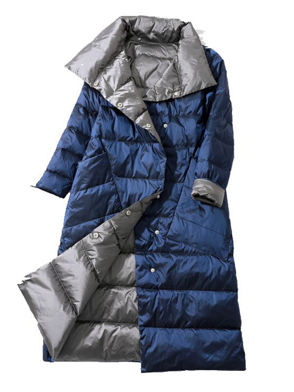 Fitaylor 2022冬の女性のタートルネック白アヒルダウンコートダブルブレスト暖かいパーカー両面ダウンロングジャケット