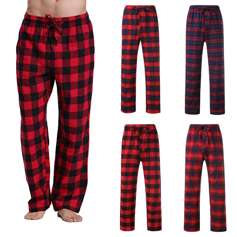 2024 Fashion Men Casual Cotton Pajama Long Pant Soft Comfortable Loose Elastic Waistband Plaid Cozy Sleepwear Home Lounge Pants