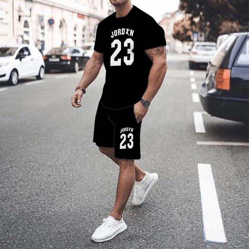 남성용 옐로우 메시 힙합 농구 티셔츠, 레저 운동복 스트리트웨어 반바지 및 상의 2 종 세트, 23 프린트, 여름