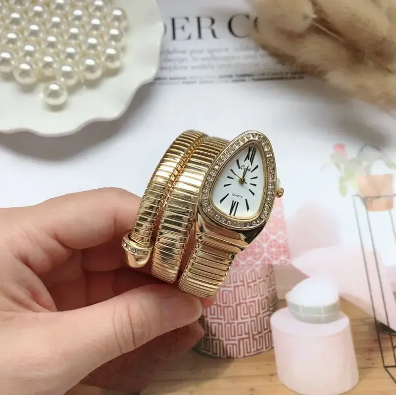 Женские кварцевые часы со змеиным ремешком, браслет из нержавеющей стали, модные золотые женские часы, высококачественные роскошные женские наручные часы