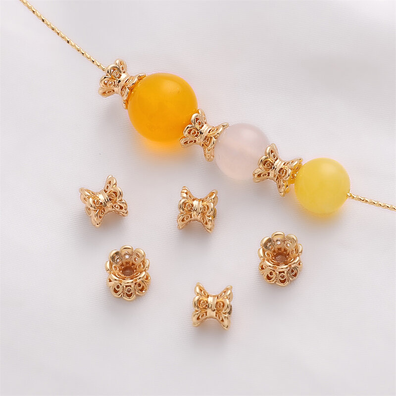 Brass Double Side Flower Spacer Beads para Pulseira Feminina, Acessórios de Jóias, Alta Qualidade, Cor do Ouro 14K, 5x6mm, 5Pcs