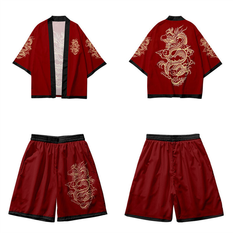 Kimono dragão terno de duas peças para homens e mulheres, cosplay yukata, cardigã japonês, shorts, roupas harajuku, haori, estilo chinês