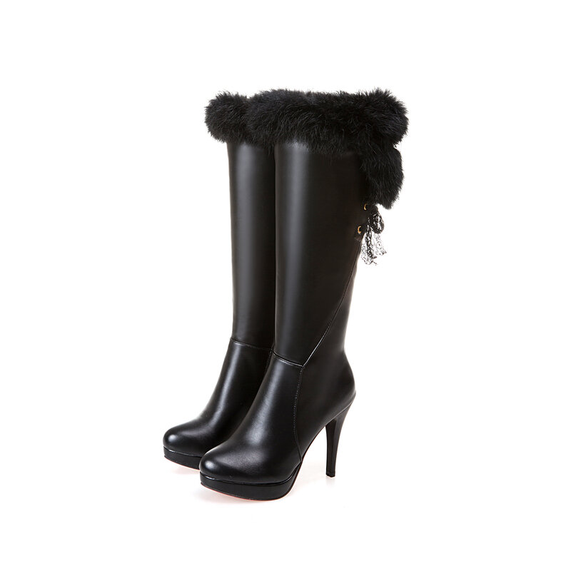 2021 موضة حذاء برقبة للركبة المرأة الشتاء الأحذية سميكة عالية الكعب أحذية طويلة مستديرة الانزلاق على أحذية ربيع الخريف امرأة أسود أبيض