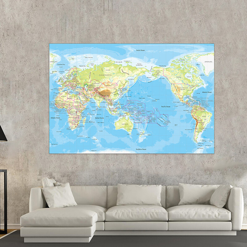 225*150cm mapa świata topografia włóknina płótno malarstwo ścienne bez ramki plakat i druk salon dekoracja wnętrz
