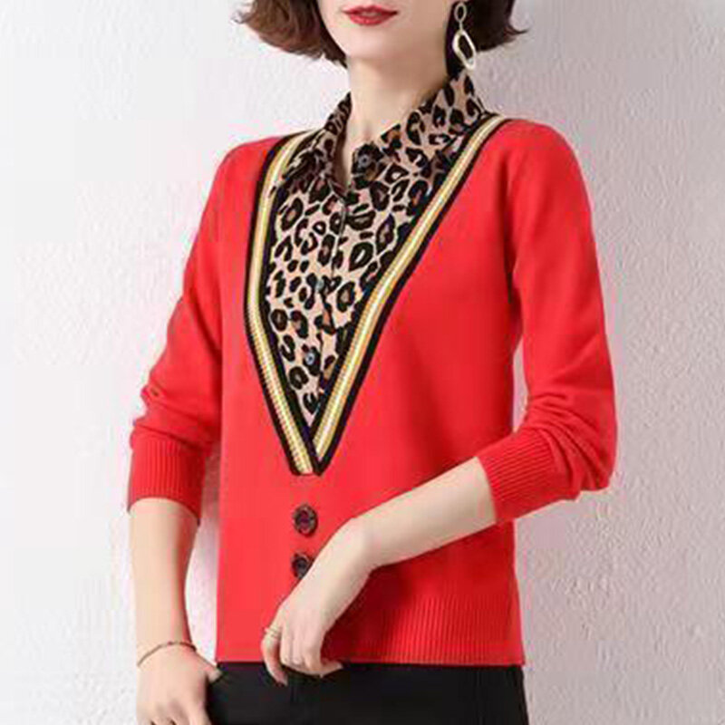 Autunno inverno nuovo falso due pezzi maglione lavorato a maglia abbigliamento donna moda leopardo colletto rovesciato t-shirt manica lunga allentata