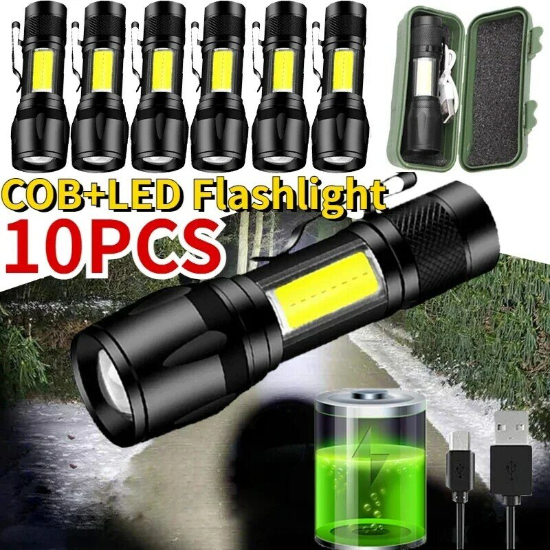 Portable LED+COB Flashlight MINI Fishing Torch Zoomable Focus Light Rechargeable Tactical Lamp Camping/Hiking Emergency Lantern