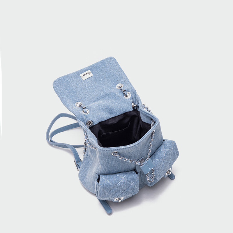 Women's bag 2023 new embroidered diamond denim backpack mini chain bucket bag ins blogger same school backpack