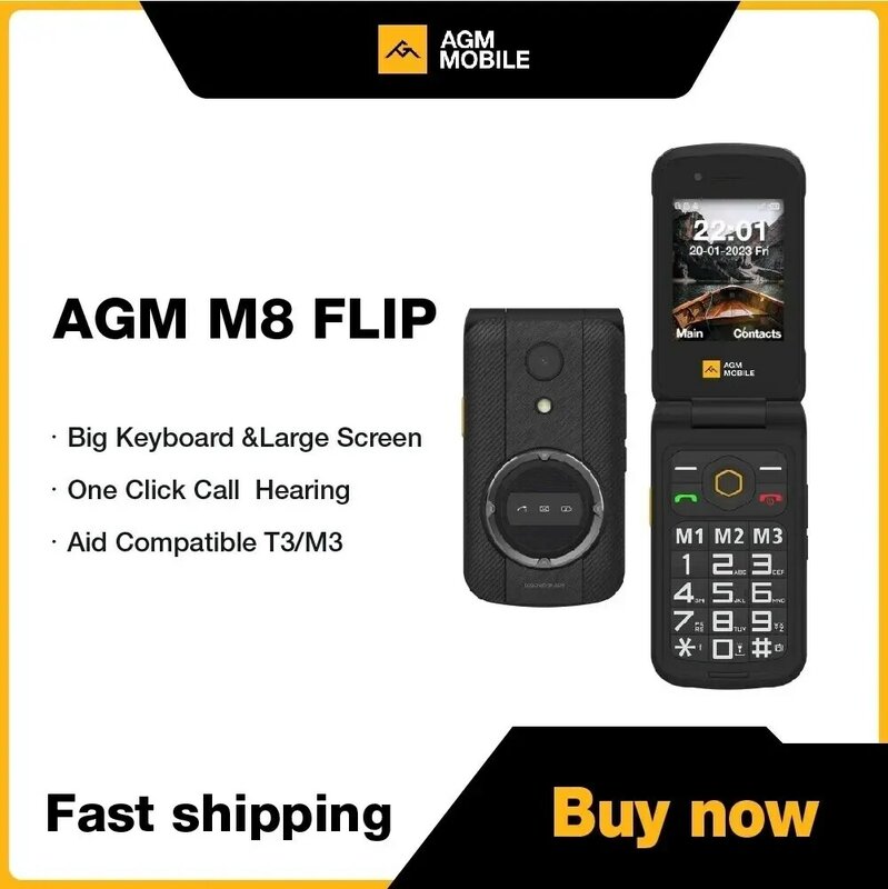 AGM-M8 Flip Mobile Phone, Recurso Idoso Desbloqueado, SOS Quick Call, Teclado Inglês e Russo, Celular Robusto