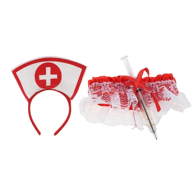 Halloween-Krankenschwester-Kostümset mit Stirnband, Stethoskop, Stift und Oberschenkelgürtel für Party