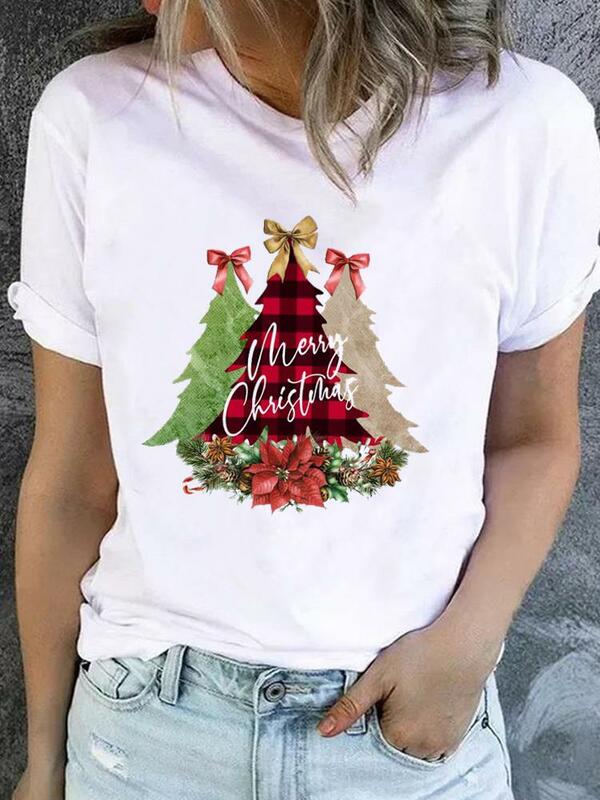 Piękny Trend w kreskówkach słodkie ubrania z lat 90. Kobiety nowy rok modny Top nadruk z krótkim rękawem koszulka bożonarodzeniowa podstawowa graficzne koszulki