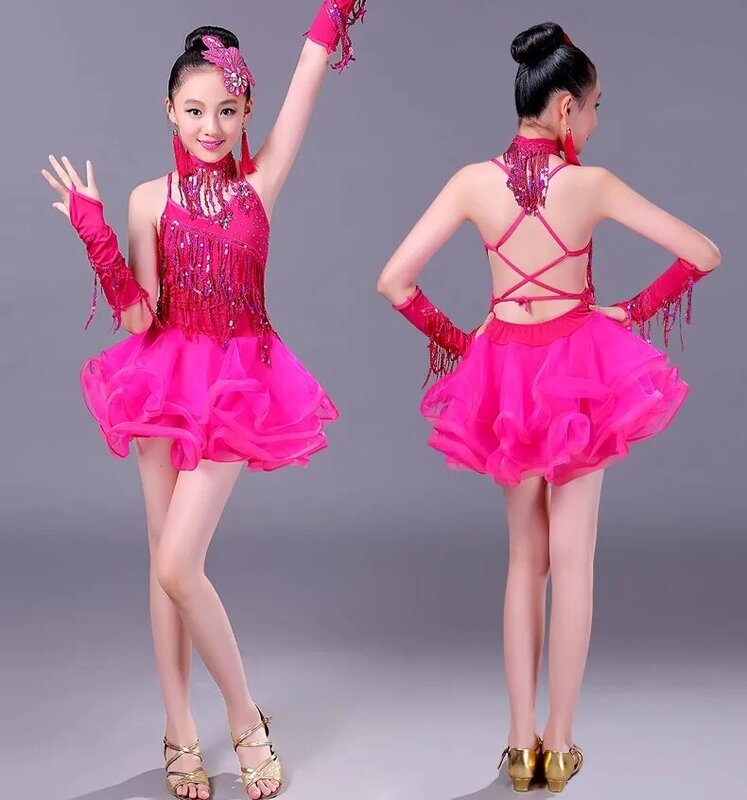 ชุดเดรสละตินปักเลื่อมสำหรับเด็กผู้หญิงชุดเต้นซัลซ่ามีพู่