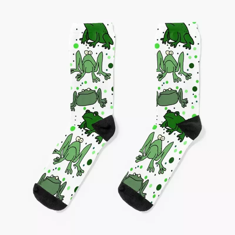 Kaus kaki desainer lari profesional pria wanita, kaus kaki kartun katak hijau lucu dengan latar belakang putih, kaus kaki golf untuk pria dan wanita