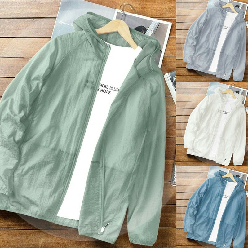 Men's Summer Elastic Ice Silk Clothing Sun Protection Sunscreen Clothing Ultra-thin Hooded Coat Outdoor Sports Fishing Jackets