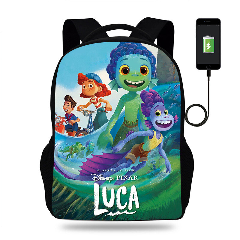 루카 알베르토 바다 괴물 만화 배낭, 소년 소녀 십대 학교 가방, USB 충전, 일일 여행 대용량 배낭 Mochila
