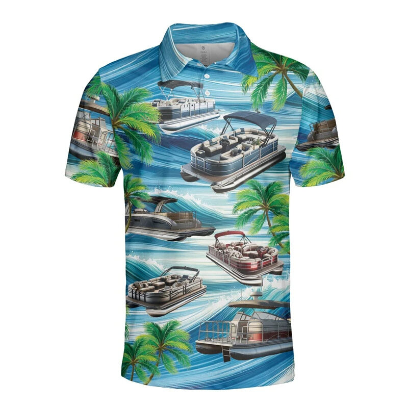 A camisa polo ocasional Ship-3D impresso, t-shirt de manga curta, parte superior do botão, T padrão confortável, moda verão
