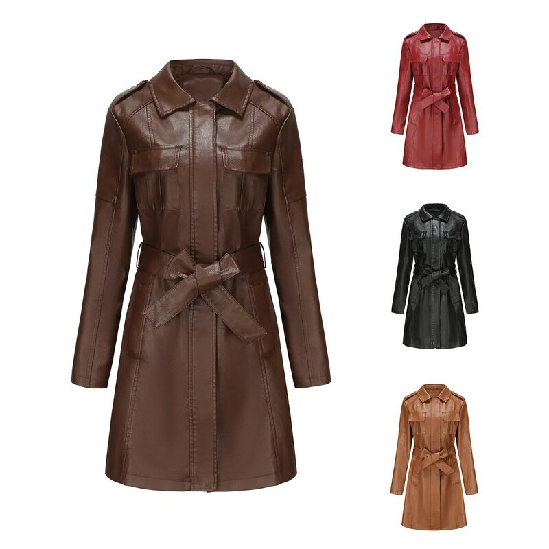 Mantel kulit panjang sedang dengan sabuk Musim Semi dan Musim Gugur jaket kulit lengan panjang mode Inggris 2024 mantel wanita