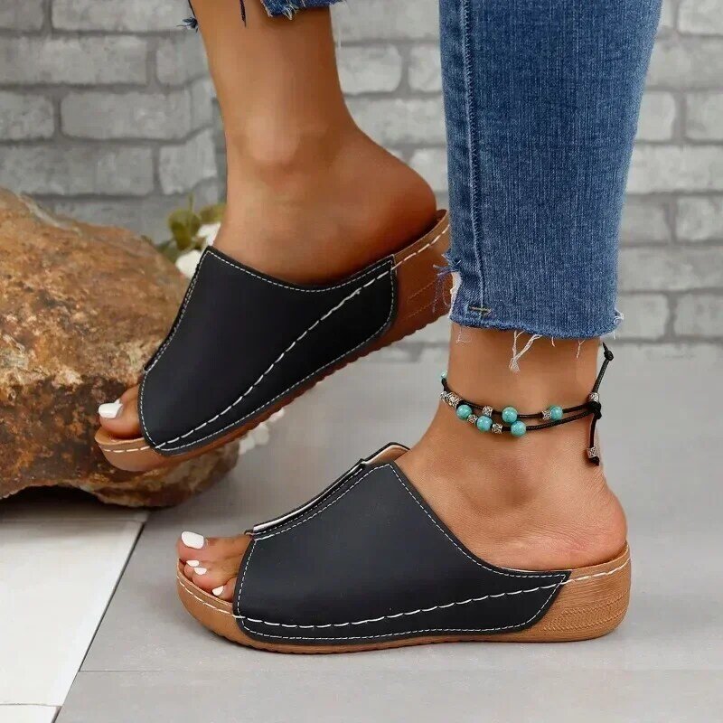 Zapatillas de cuña con punta abierta para mujer, zapatos cómodos con hebilla, moda de verano, 2024