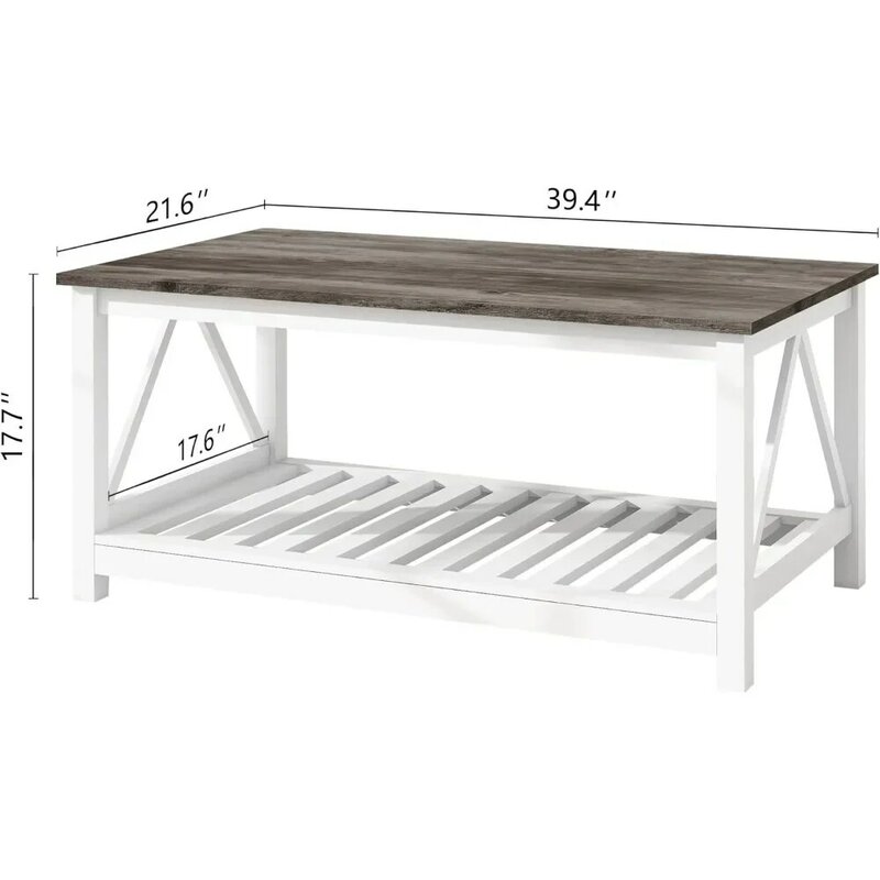 Фермерский журнальный столик для гостиной, 2-Ярусный прямоугольный деревянный коктейльный столик с рельефными полочками для хранения и V-образной формы