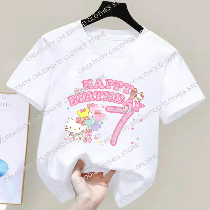 Koszulka Hello Kittys urodziny dzieci numer 123456789 Kawaii Anime T-shirty z kreskówek odzież codzienna koszulka Top dla dziewczynki