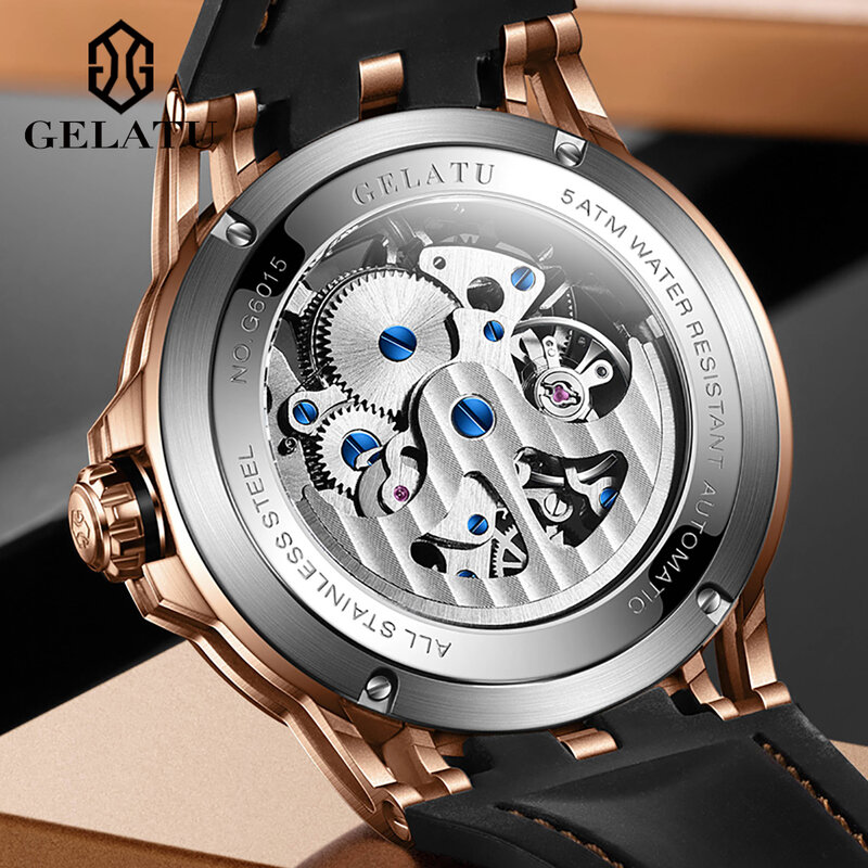 GELATU-Montre mécanique automatique pour homme avec bracelet en cuir rose, montre-bracelet évidée, tendance originale Shoou, marque de luxe supérieure