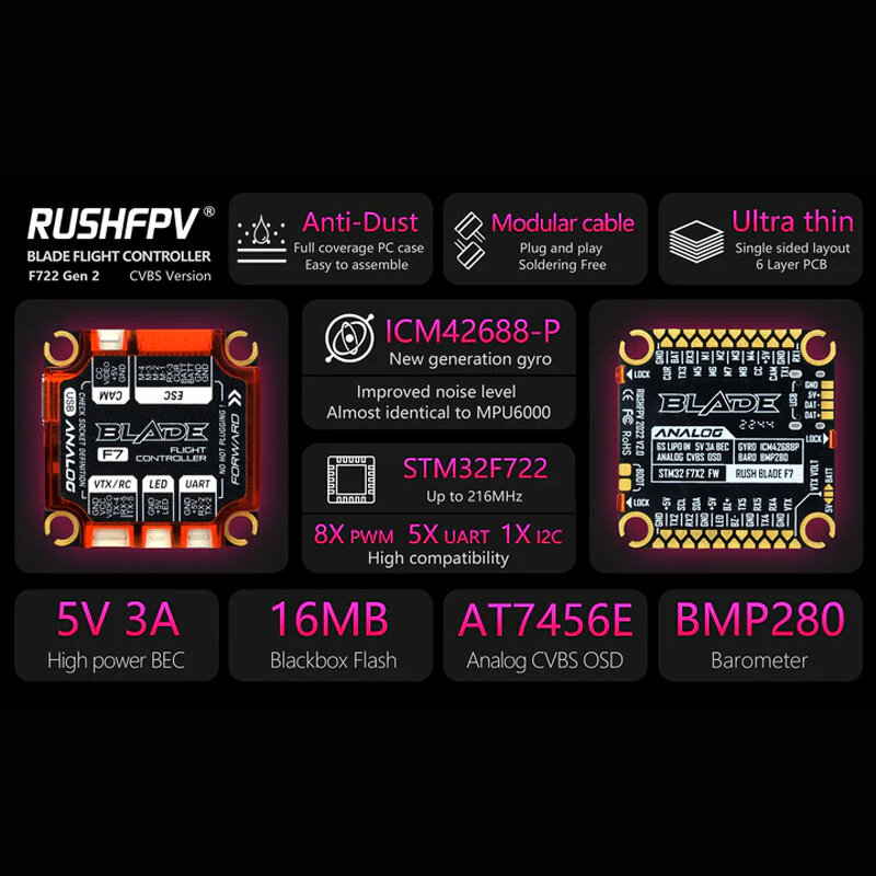 Цифровой аналоговый контроллер полета RUSHFPV RUSH BLADE V2 Stack F722 Extreme 50A 128K BLHELI32 4 в 1 ESC для радиоуправляемых FPV гоночных дронов