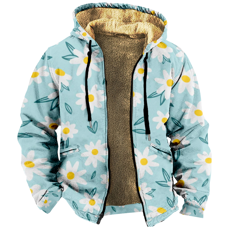 Sudadera con capucha con cremallera y estampado de flores para hombre, abrigo de invierno grueso de manga larga, chaqueta de calle con estampado 3D