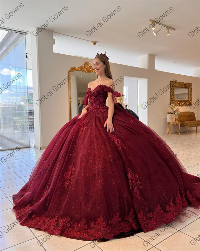 Gaun pesta bahu terbuka merah gaun Quinceanera untuk anak perempuan gaun pesta ulang tahun manik-manik berkilau renda kembali wisuda Appliqu