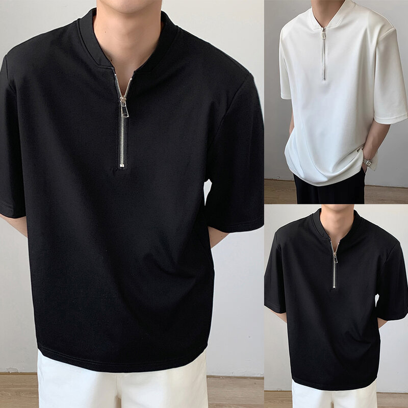 Hot New Business Casual Mens T Shirt Blouse Casual Half Open Neck Muscle Office Shirt Short Sleeve Solid Color