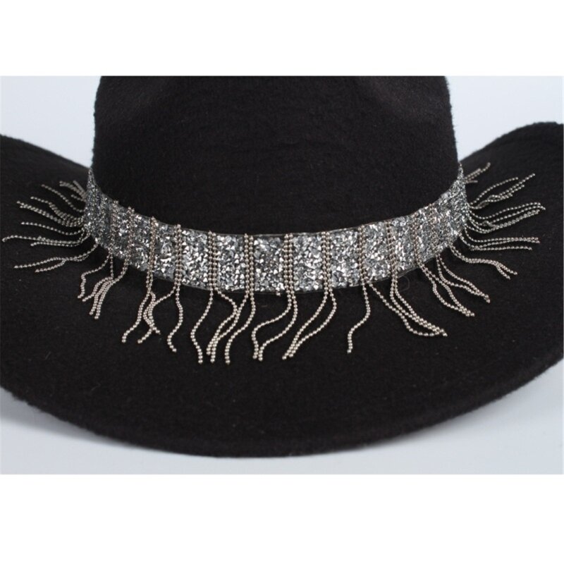 Banda sombrero PU para mujer, cinturón sombrero con borlas brillantes para fiesta, cinturón decoración