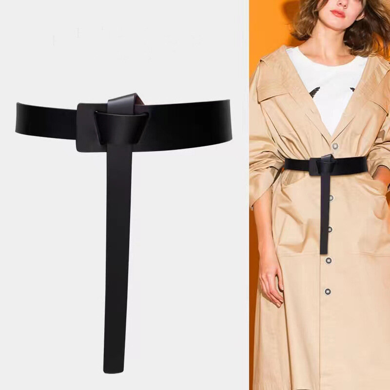 Sabuk kulit asli untuk wanita, korset ikat pinggang rok kulit warna polos, mantel panjang penahan angin