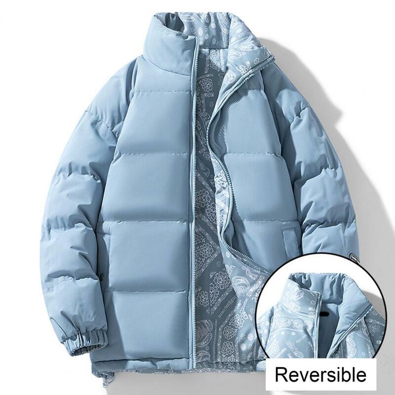 Solid Color Coat Winter Cotton Coat with Stand Collar Windproof Warm Padded Stuffed Long Sleeve Elastic Cuff Couple Down Coat