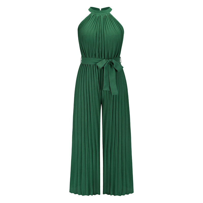High Quality Sexy Hanging Neck Sleeveless Pleated Jumpsuit Summer 2024 Women's New Lace Up Slim Fit Pleated Wide Leg Pants Y2k