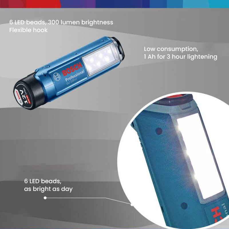 보쉬 GLI 120-LI LED 조명, LED 소스 작업등, 미니 무선 충전식 비상 보조베터리, 6 LED 비즈, 300 루멘 램프