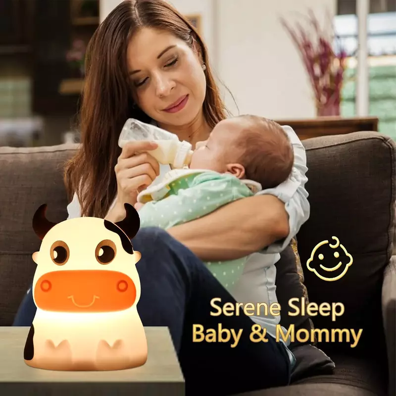 Linda luz nocturna de vaca remota, lámpara de noche LED de silicona suave, 7 colores, decoración de dormitorio para bebé y niño pequeño