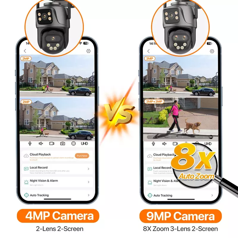 9MP 5K HD WiFi IP Camera Outdoor 8x Zoom Three Lens Dual Screen PTZ Camera Auto Tracking Home Security CCTV Surveillance 4MP Cam
