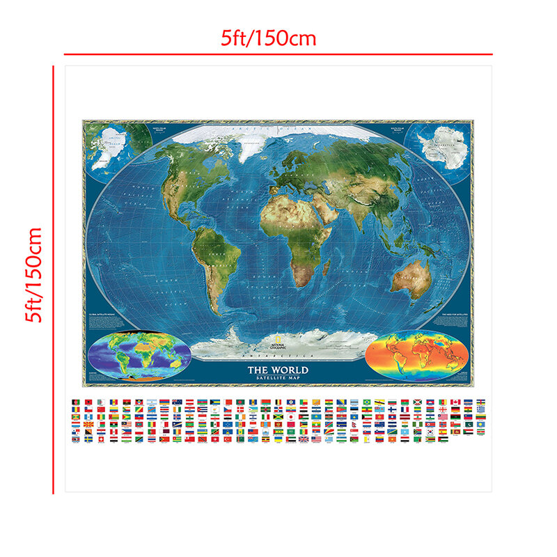 Peta dunia semprotan non-tenun 150X150cm peta satelit dunia dengan bendera negara dan peta suhu permukaan