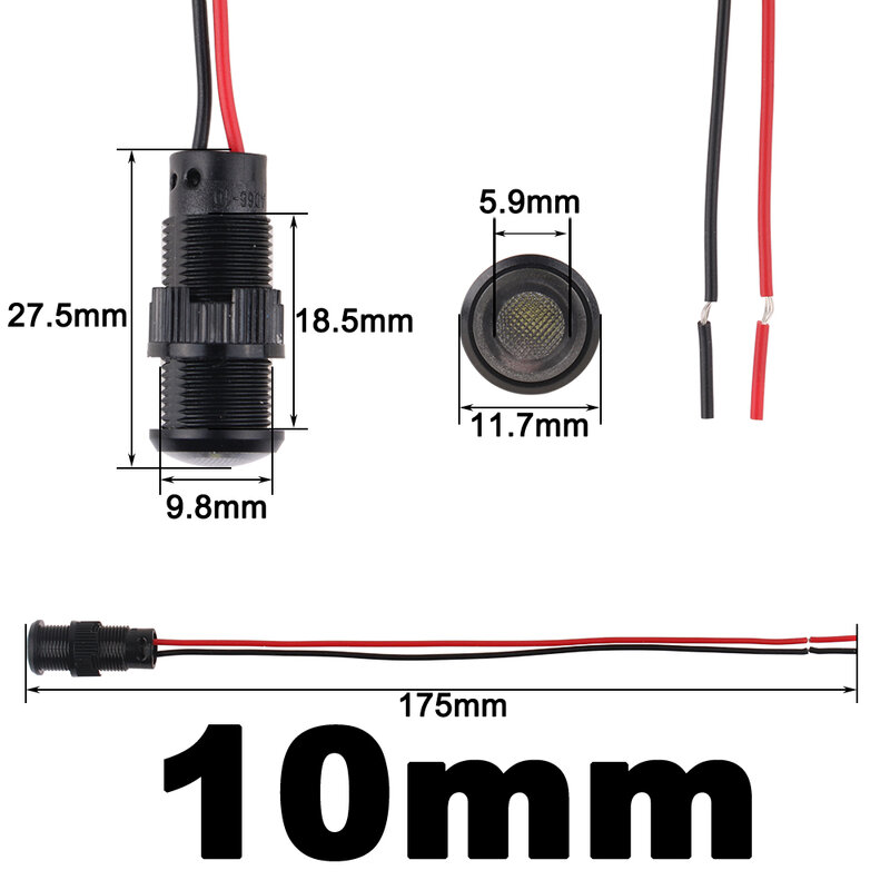 1pc 10mm Oxidized Black Plastic Indicator Light Mini Warning LED Pilot Signal Lamp 6V12V24V 220V with Wire Red Yellow Blue Green