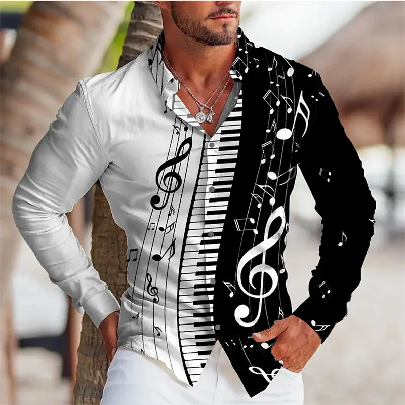 Linen Fashion Stand Collar Men Shirts Cool Music Festival Notes Piano Keys HD Printing Long Sleeves Party Fashion 2023 Plus Size