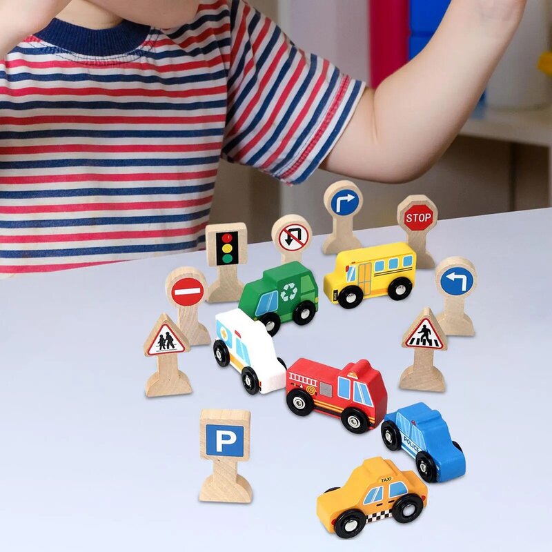 Toys Vehicles Wood Traffic Signs Party Favors Collectible Lightweight Mini Car Set for Children Kids Boys Toddlers Holiday Gifts