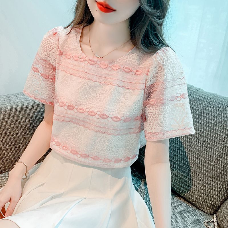 Striped Lace Women's 2024 New Summer Pullovers O-Neck Patchwork Fashion Loose Hollow Minimalist Casual Short Sleeved T-shirt Top
