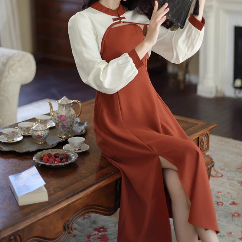 Setelan pakaian jalanan wanita, 2 buah jaket panel Crop samping Midi Sundress gaya China elegan modis musim gugur