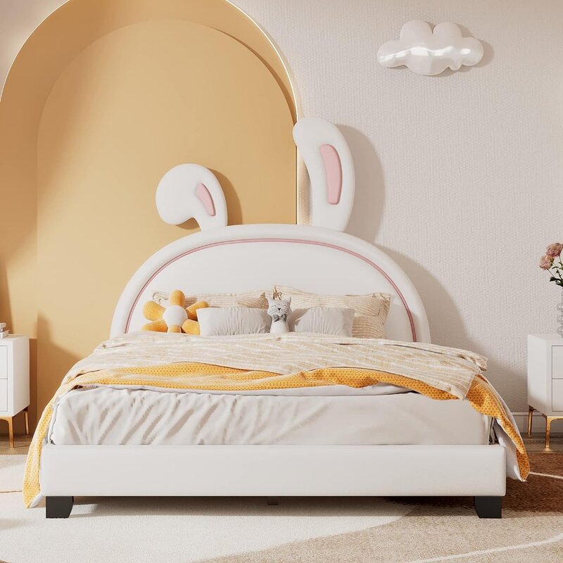 Cama de tamaño completo con forma de conejo para niños, muebles de marco blanco para dormitorio infantil