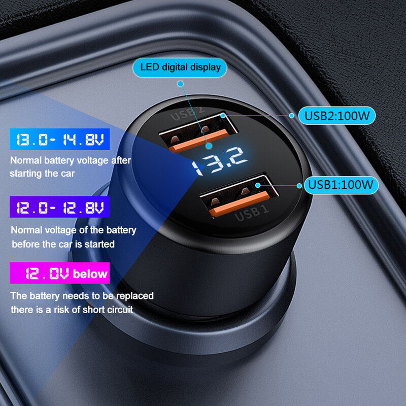차량용 충전기 듀얼 USB 100W 고속 충전 LED 디지털 디스플레이, 화웨이 OPPO 아이폰 샤오미 휴대폰용, 200W 초고속 충전 3.0