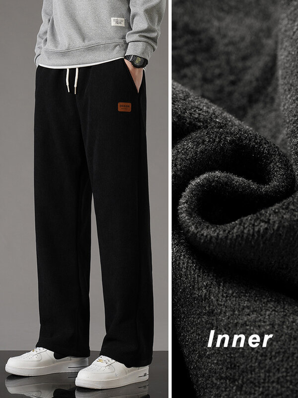 Calça grossa de veludo quente masculina, cordão de forro de lã, calça reta solta, calça térmica casual masculina, inverno