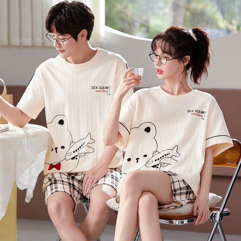 Baju Tidur Katun Korea Untuk Pasangan Pakaian Tidur Lembut Pria dan Wanita Piyama Manis Celana Pendek Set Musim Panas Pijama Hombres Para Mujer