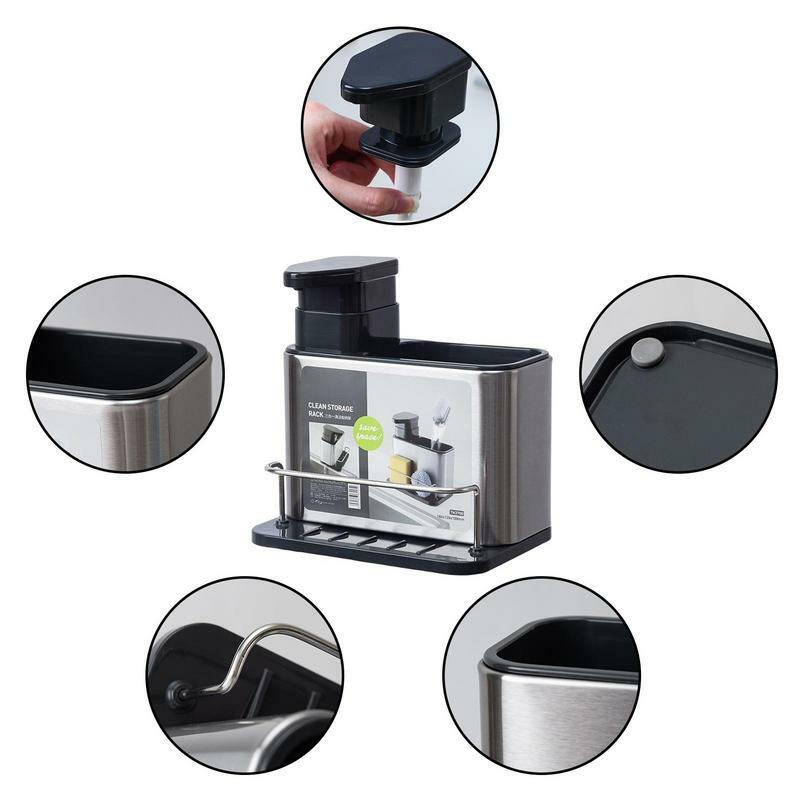 Dispensador de jabón de acero inoxidable con soporte para esponja, organizador de fregadero de cocina multifuncional para detergente para platos, cepillo y esponja