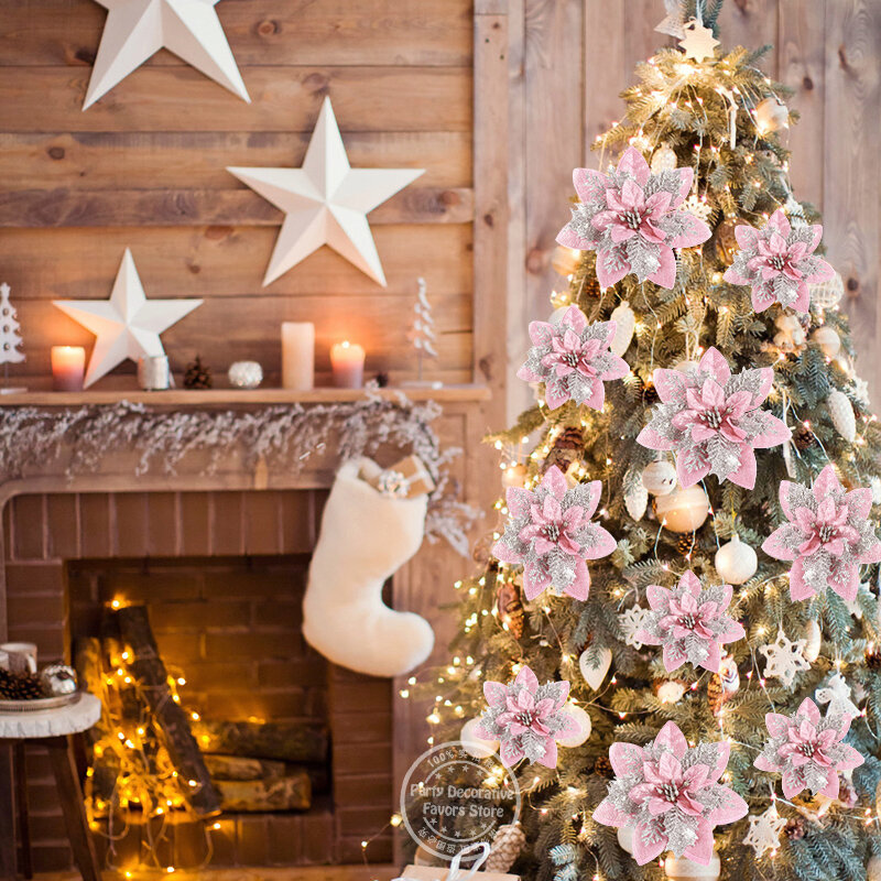 5 pezzi Glitter rosa fiori di natale albero di natale 14cm ornamenti di fiori artificiali 2023 decorazione di buon natale per la casa capodanno