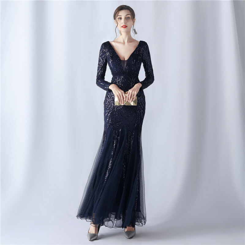 Women's Double V-Neck Squins Long Sleeves Bodycon Dress Cocktail Dress Wedding Party Dress