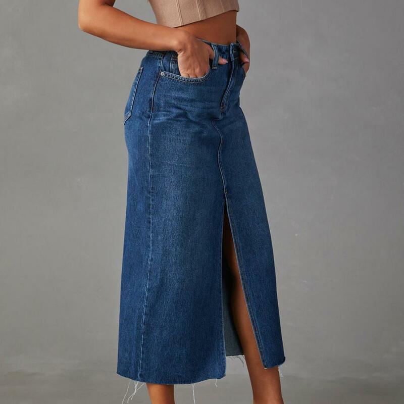 Saia jeans feminina com bolsos, saia midi, cintura alta, linha A, fenda frontal, streetwear elegante, verão