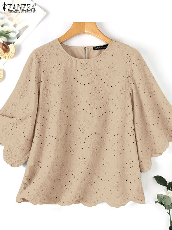 ZANZEA Elegant Hollow Out Blouses Half Sleeve Women Casual Loose Fashion Blusas Lace Patchwork Solid Holiday 2024 Summer Shirts